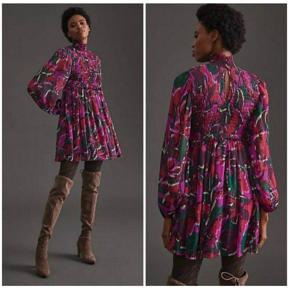 MISA Los Angeles Jessa Holiday Sparkle Mini Dress Smocked Mock Neck Pink Green M